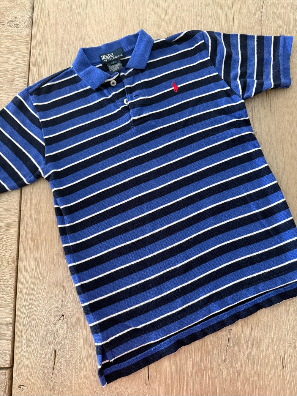 Polo by Ralph Lauren Blue Navy White Striped Polo Shirt with Red Pony